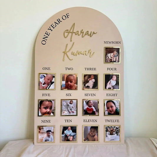 One Year Baby Photo Board — Personalized Acrylic First Birthday Keepsake — Baby Milestone Wooden Gift | Woodwaley