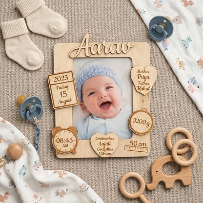 Baby Birth Details Photo Frame — Personalized Wooden Newborn Keepsake — Baby Milestone Wooden Gift | Woodwaley