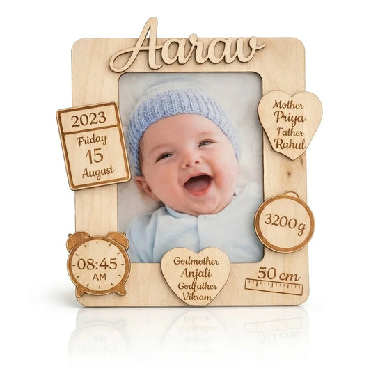 Baby Birth Details Photo Frame — Personalized Wooden Newborn Keepsake — Baby Milestone Wooden Gift | Woodwaley