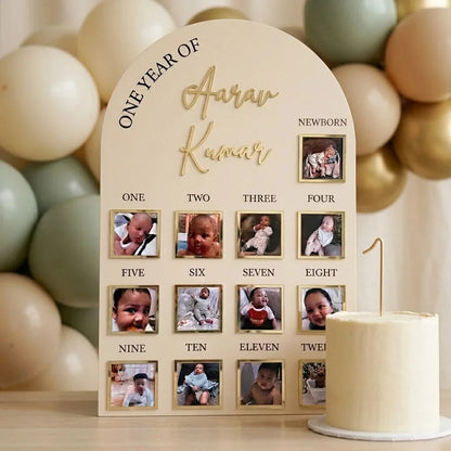 One Year Baby Photo Board — Personalized Acrylic First Birthday Keepsake — Baby Milestone Wooden Gift | Woodwaley