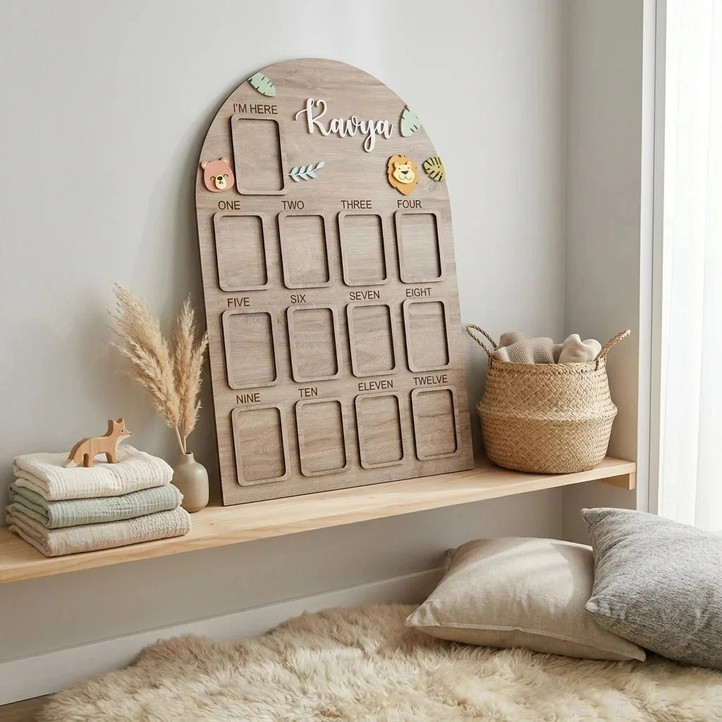 Jungle Animal First Birthday Photo Board — Personalized Wooden Display — Baby Milestone Wooden Gift | Woodwaley