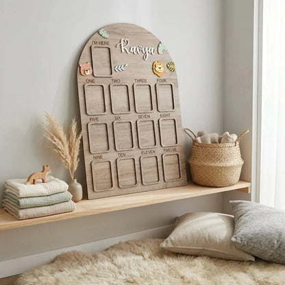 Jungle Animal First Birthday Photo Board — Personalized Wooden Display — Baby Milestone Wooden Gift | Woodwaley