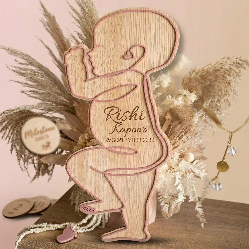 Baby Outline Birth Keepsake Plaque — Personalized Wooden Newborn Plaque — Baby Milestone Wooden Gift | Woodwaley