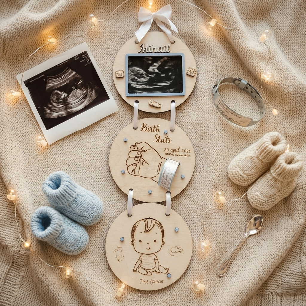 Wooden Birth Announcement Keepsake Plaque with Ultrasound Frame & First Haircut Holder