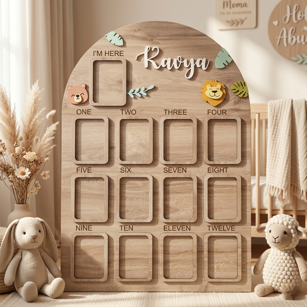 Jungle Animal First Birthday Photo Board | Personalized 12 Month Milestone Frame | wooden Baby Keepsake