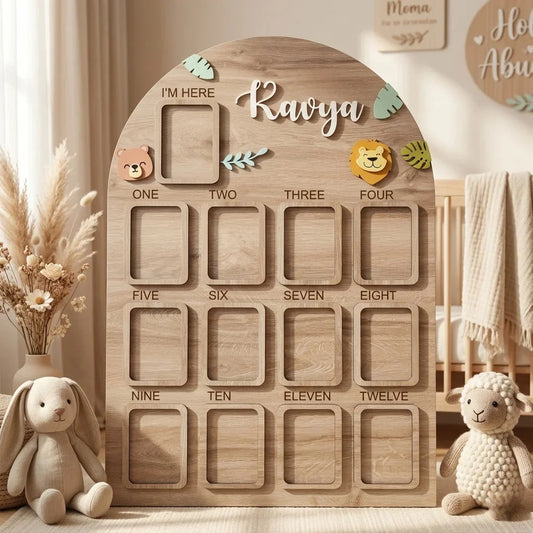 Jungle Animal First Birthday Photo Board — Personalized Wooden Display — Baby Milestone Wooden Gift | Woodwaley
