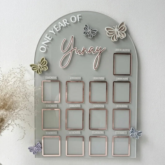 Baby First Year Photo Frame — Personalized Acrylic 12-Month Milestone Board — Baby Milestone Wooden Gift | Woodwaley