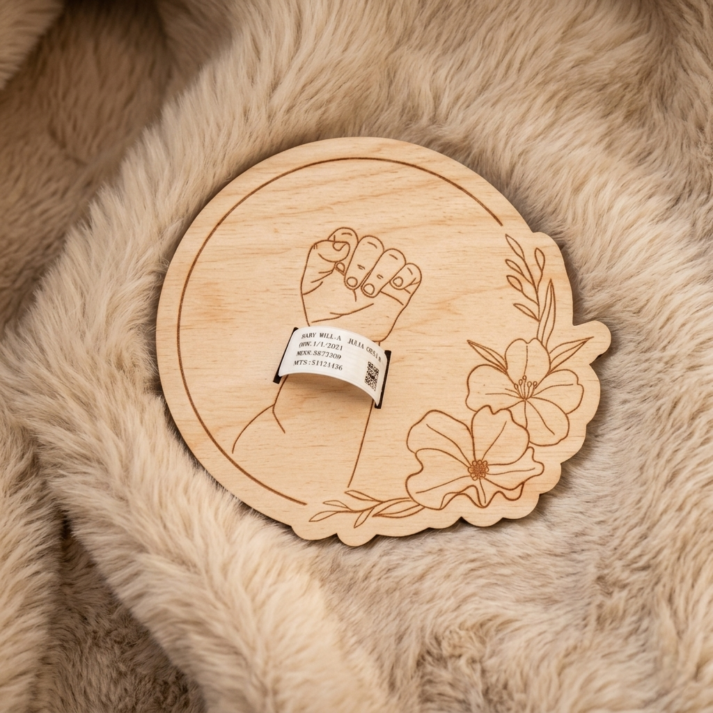 Newborn Baby Birth Hospital Bracelet Holder – Personalized Birch Wood Keepsake Gift for Moms & Baby Showers