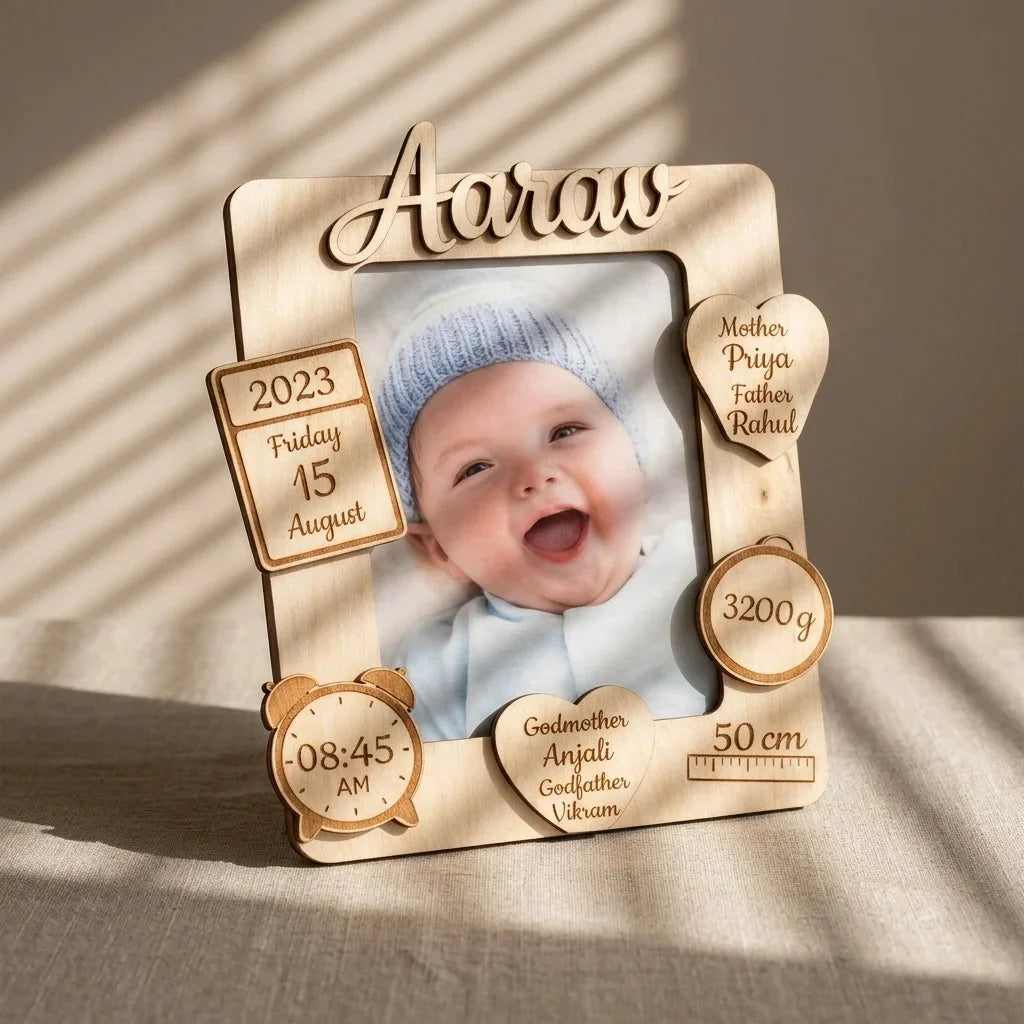 Baby Birth Details Photo Frame — Personalized Wooden Newborn Keepsake — Baby Milestone Wooden Gift | Woodwaley