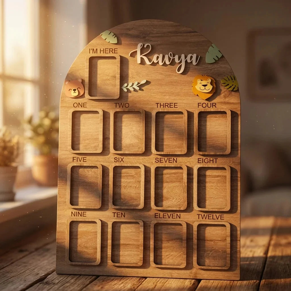 Jungle Animal First Birthday Photo Board — Personalized Wooden Display — Baby Milestone Wooden Gift | Woodwaley