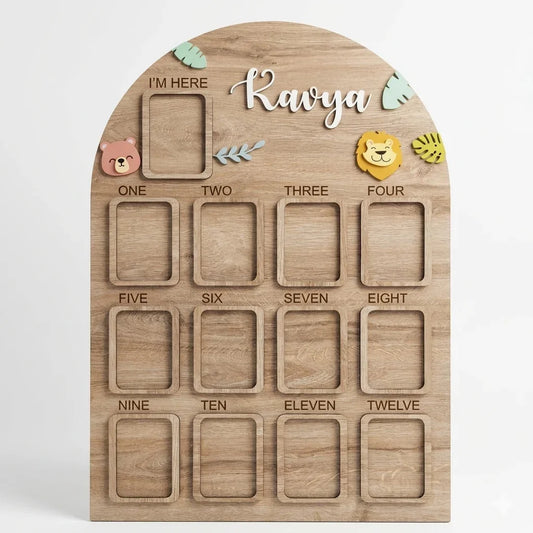 Jungle Animal First Birthday Photo Board — Personalized Wooden Display — Baby Milestone Wooden Gift | Woodwaley