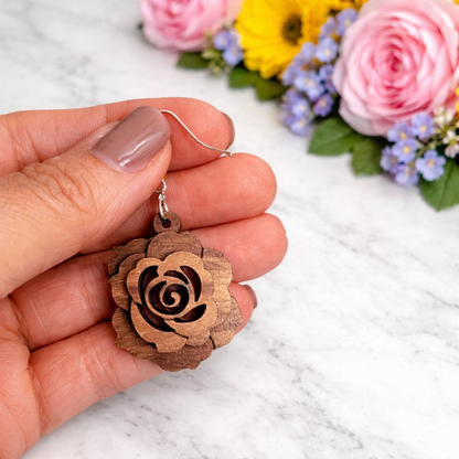 3D Wooden Rose Earrings: Sterling Silver Hooks, Floral Jewelry