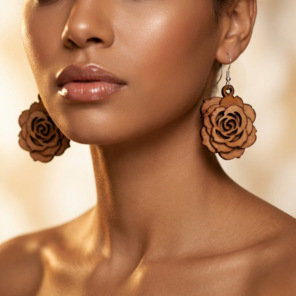 3D Wooden Rose Earrings: Sterling Silver Hooks, Floral Jewelry