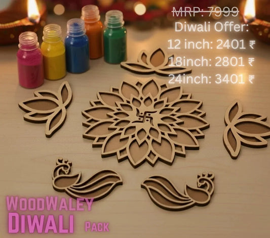 Woodwaley Rangavalli Diwali Combo (1 Swastik Rangoli, 3 Kamal Borders, 2 Mayur Borders, 5 Colours pack) — Diwali Wooden Gift | Woodwaley
