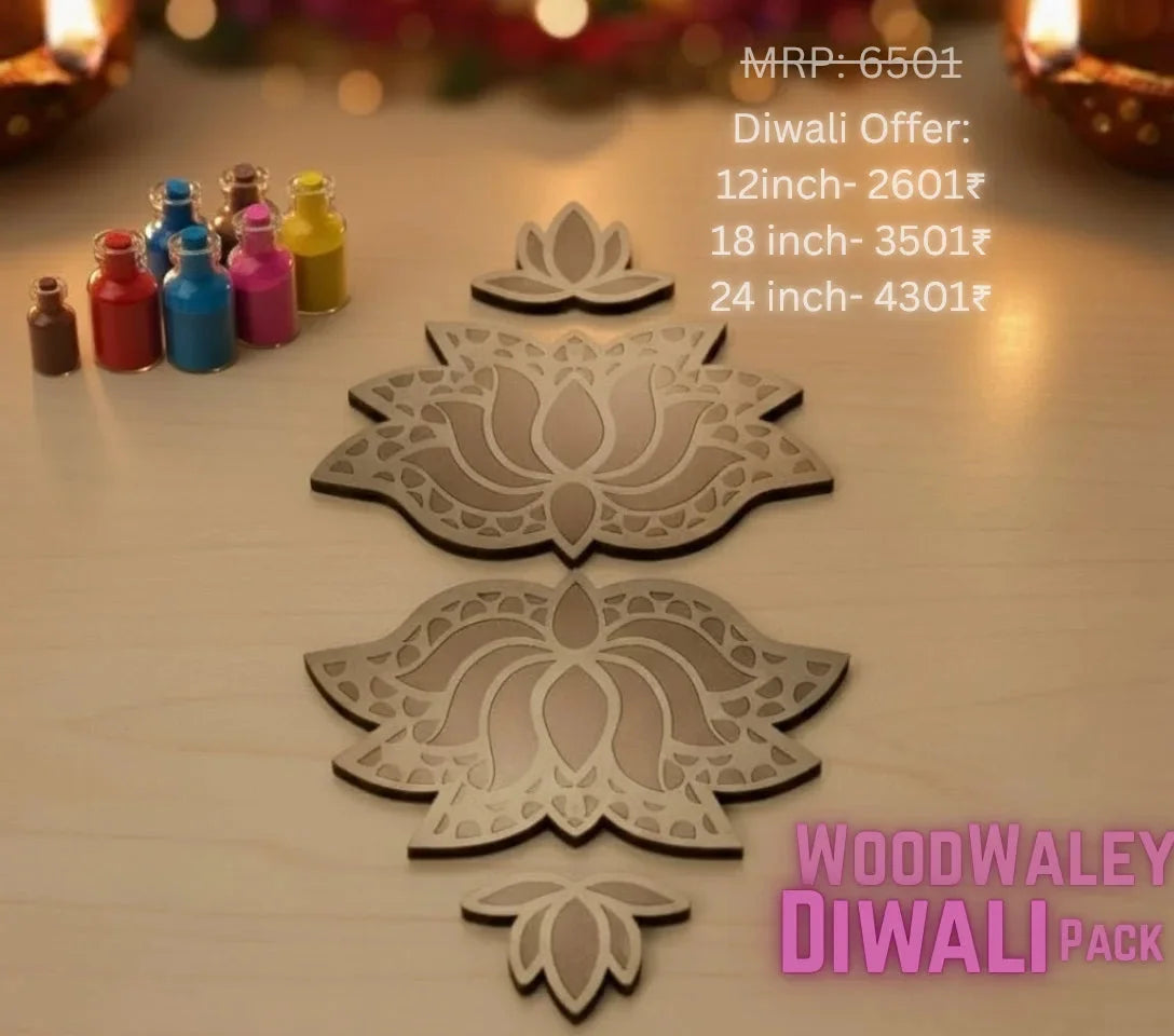 Lotus Rangavalli Diwali Combo (2 Lotus Rangoli, 2 Kamal Borders, 5 Colours pack) — Diwali Wooden Gift | Woodwaley