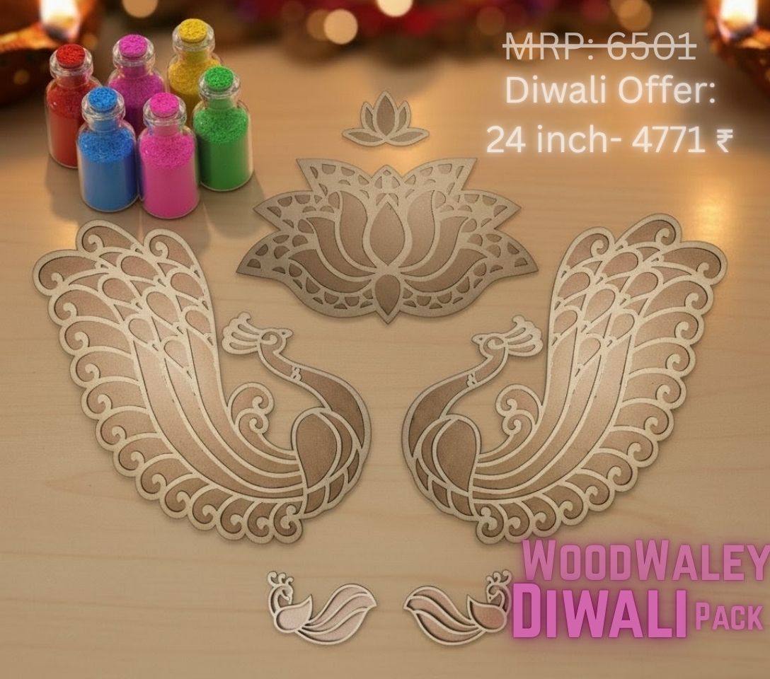 Woodwaley Rangavalli Diwali Combo (2 Mayur Rangoli, 1 Lotus Rangoli, 1 Kamal, 2 Mayur Borders, 5 Colours pack)