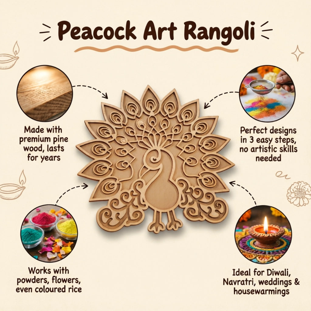 Peacock Art Wooden Rangoli (Reusable DIY Template)