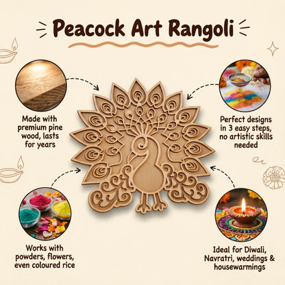 Peacock Art Wooden Rangoli (Reusable DIY Template)