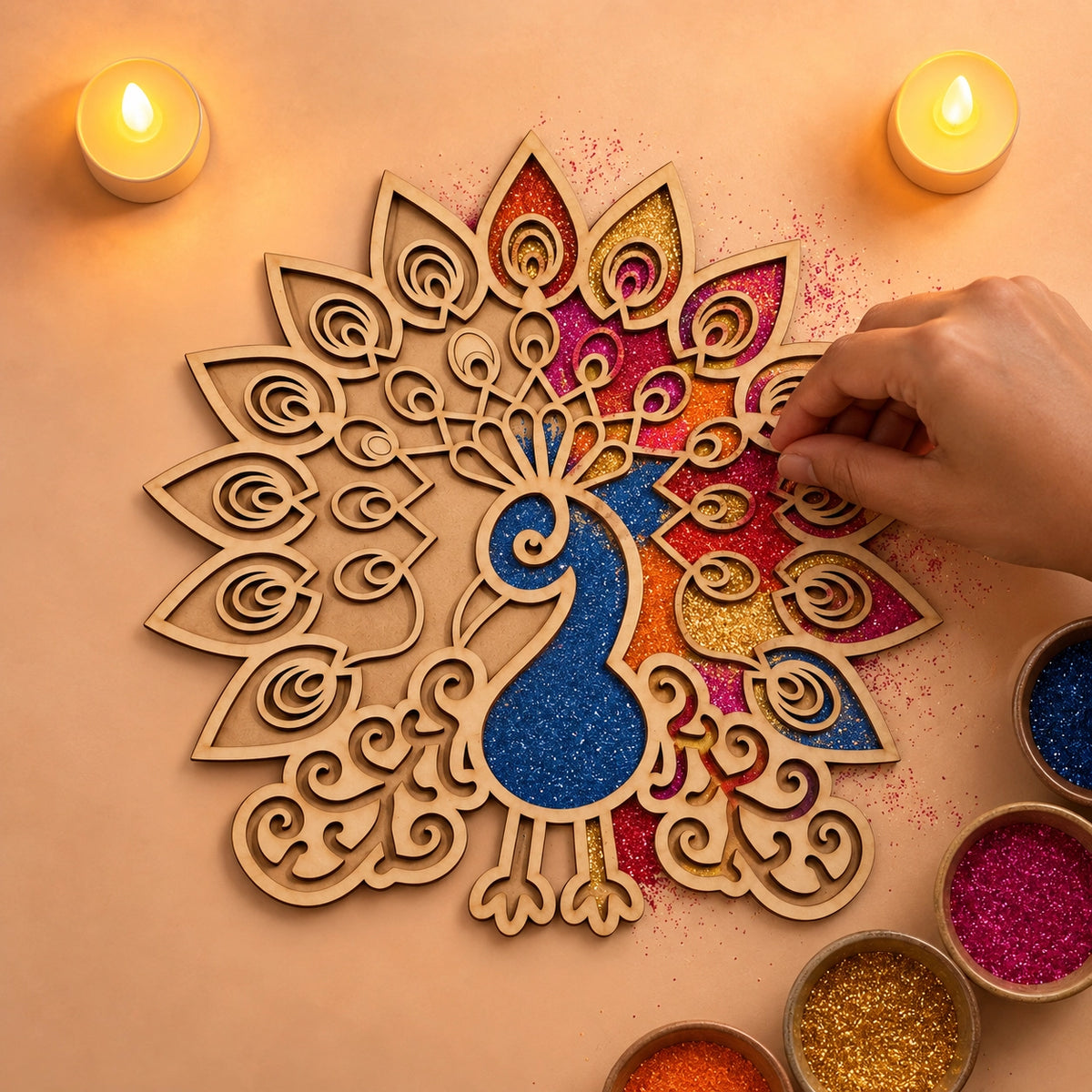Peacock Art Wooden Rangoli (Reusable DIY Template)