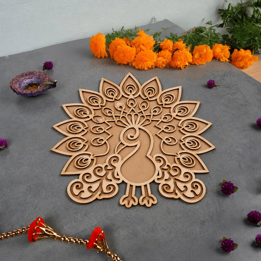 Peacock Art Wooden Rangoli (Reusable DIY Template)