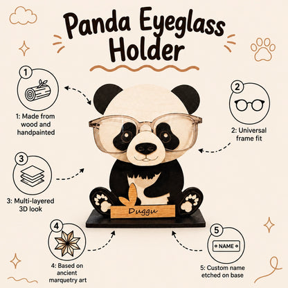A product infographic for a 'Panda Eyeglass Holder' featuring a handcrafted wooden panda wearing glasses on a black base with a custom name plaque. The graphic includes five numbered callouts with icons and text detailing the product's features: handpainted wood, universal frame fit, 3D effect, and custom name etching.