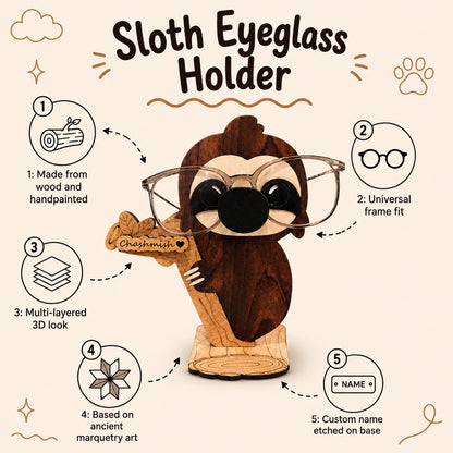Napster Sloth The Spec Keeper — Carved Wooden Eyeglass Stand for Desk, Gifting