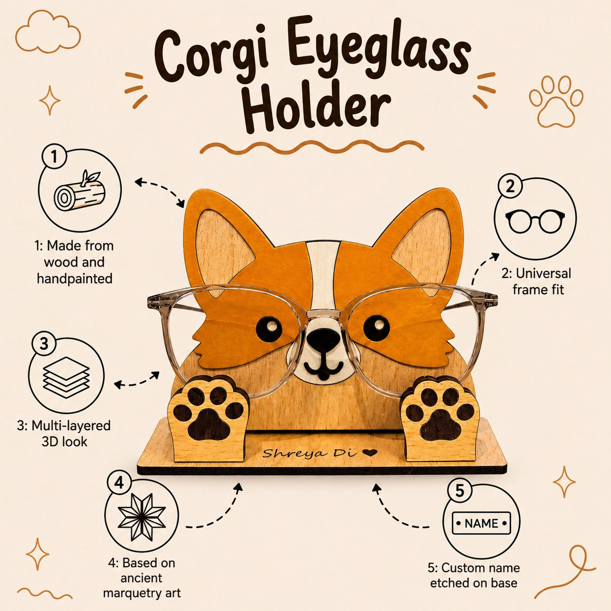 Zoobees Corgi Dog Spec Keeper — Personalised Wooden Eyeglass Stand