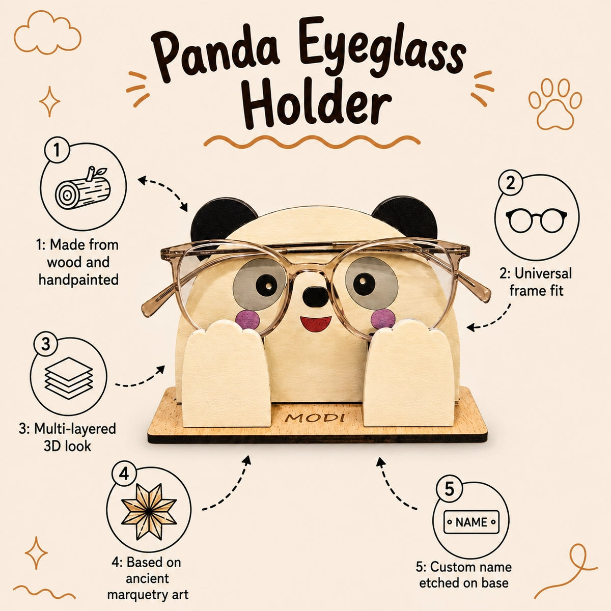 PikaBoo The Spec Keeper — Carved Wooden Eyeglass Stand for Desk, Gifting