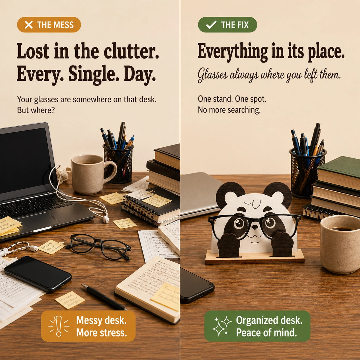 Pookie Panda The Spec Keeper — Carved Wooden Eyeglass Stand for Desk, Gifting