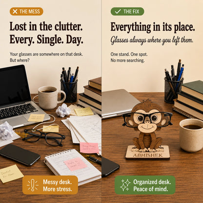 Chimpie The Spec Keeper — Carved Wooden Eyeglass Stand for Desk, Gifting