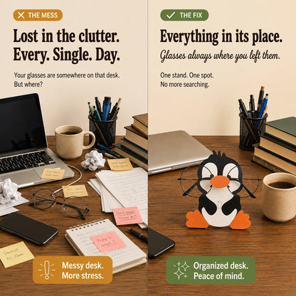Baby Pingu The Spec Keeper — Carved Wooden Eyeglass Stand for Desk, Gifting