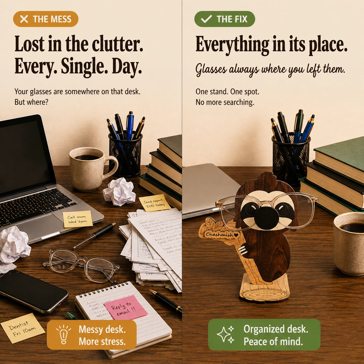 Napster Sloth The Spec Keeper — Carved Wooden Eyeglass Stand for Desk, Gifting