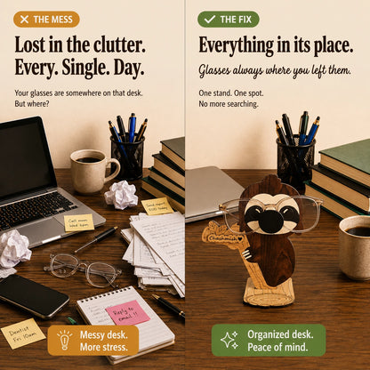 Napster Sloth The Spec Keeper — Carved Wooden Eyeglass Stand for Desk, Gifting