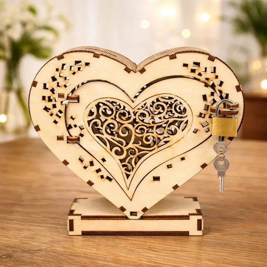Wooden Heart Piggybank Valentine gift with a Padlock — Couples Wooden Gift | Woodwaley
