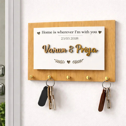 Personalised Engraved Wooden Key Holder — Couples Wooden Gift | Woodwaley