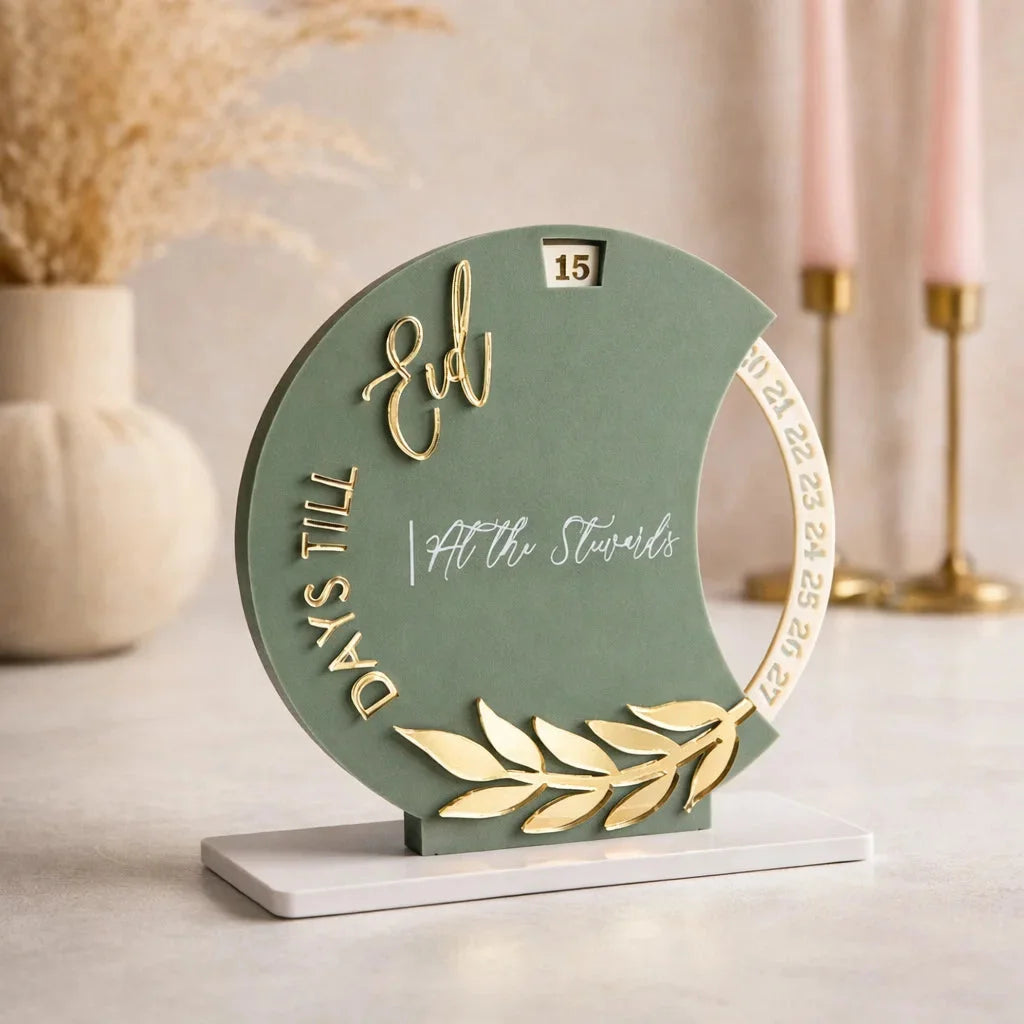 Sage Green & Gold Eid Mubarak Countdown Acrylic Tabletop Decoration — Ramadan Wooden Gift | Woodwaley