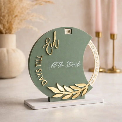 Sage Green & Gold Eid Mubarak Countdown Acrylic Tabletop Decoration — Ramadan Wooden Gift | Woodwaley