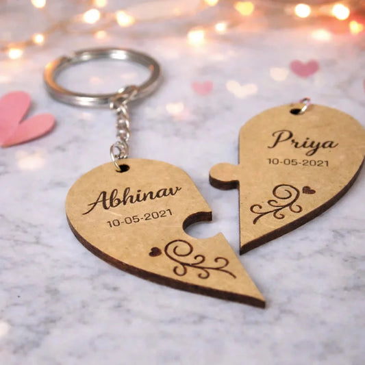 Engraved Couples Heart Puzzle Key chain — Couples Wooden Gift | Woodwaley