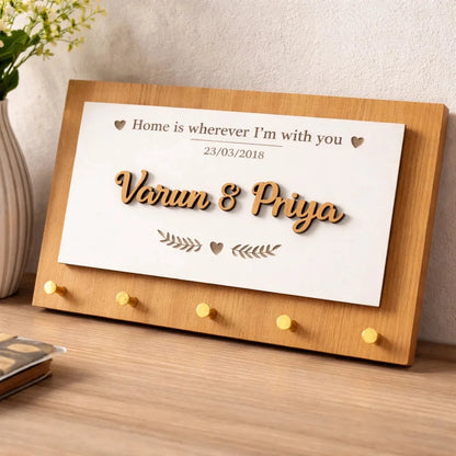 Personalised Engraved Wooden Key Holder — Couples Wooden Gift | Woodwaley