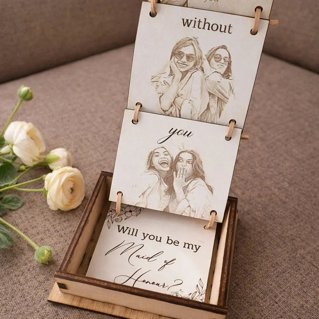 Personalised wooden photo pull up gift box — Couples Wooden Gift | Woodwaley
