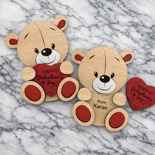 Personalized Wooden Teddy Bear with Heart For Valentines Week (6 inch) — Couples Wooden Gift | Woodwaley