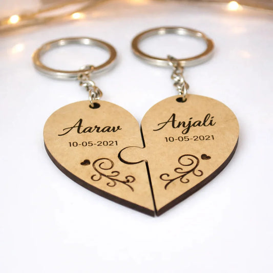 Engraved Couples Heart Puzzle Key chain — Couples Wooden Gift | Woodwaley