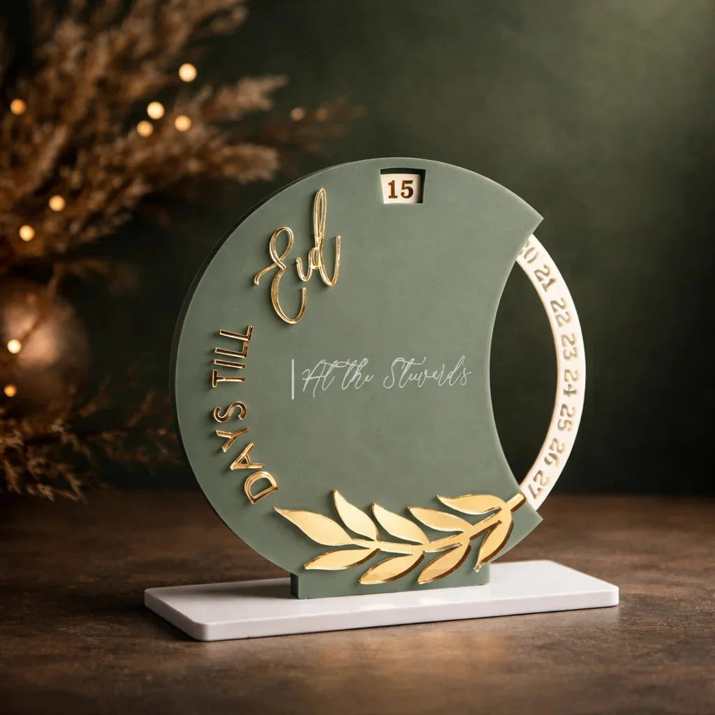 Sage Green & Gold Eid Mubarak Countdown Acrylic Tabletop Decoration — Ramadan Wooden Gift | Woodwaley