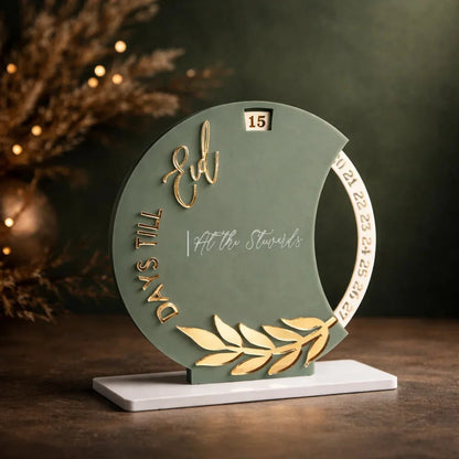 Sage Green & Gold Eid Mubarak Countdown Acrylic Tabletop Decoration — Ramadan Wooden Gift | Woodwaley