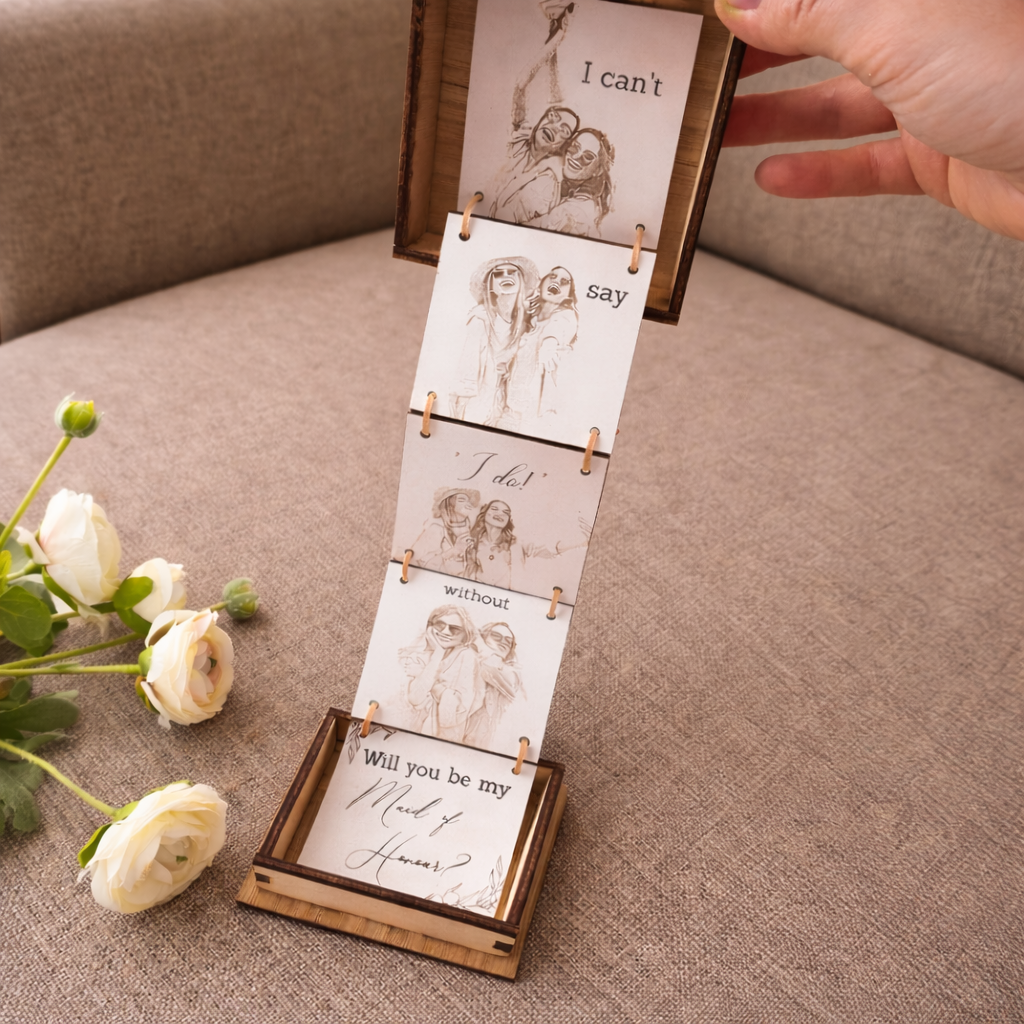 Personalised wooden photo pull up gift box