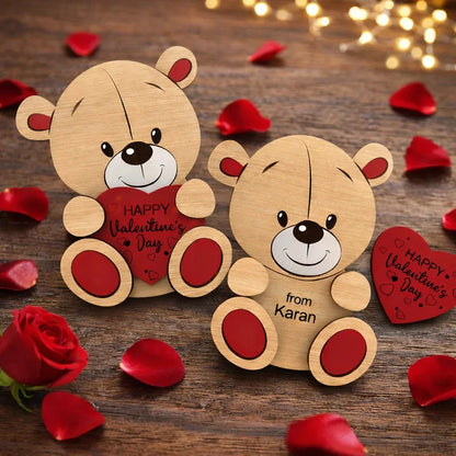 Personalized Wooden Teddy Bear with Heart For Valentines Week (6 inch) — Couples Wooden Gift | Woodwaley
