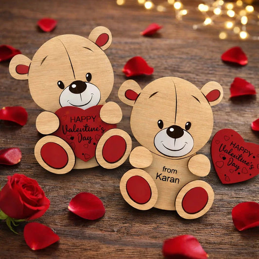 Personalized Wooden Teddy Bear with Heart For Valentines Week (6 inch) — Couples Wooden Gift | Woodwaley