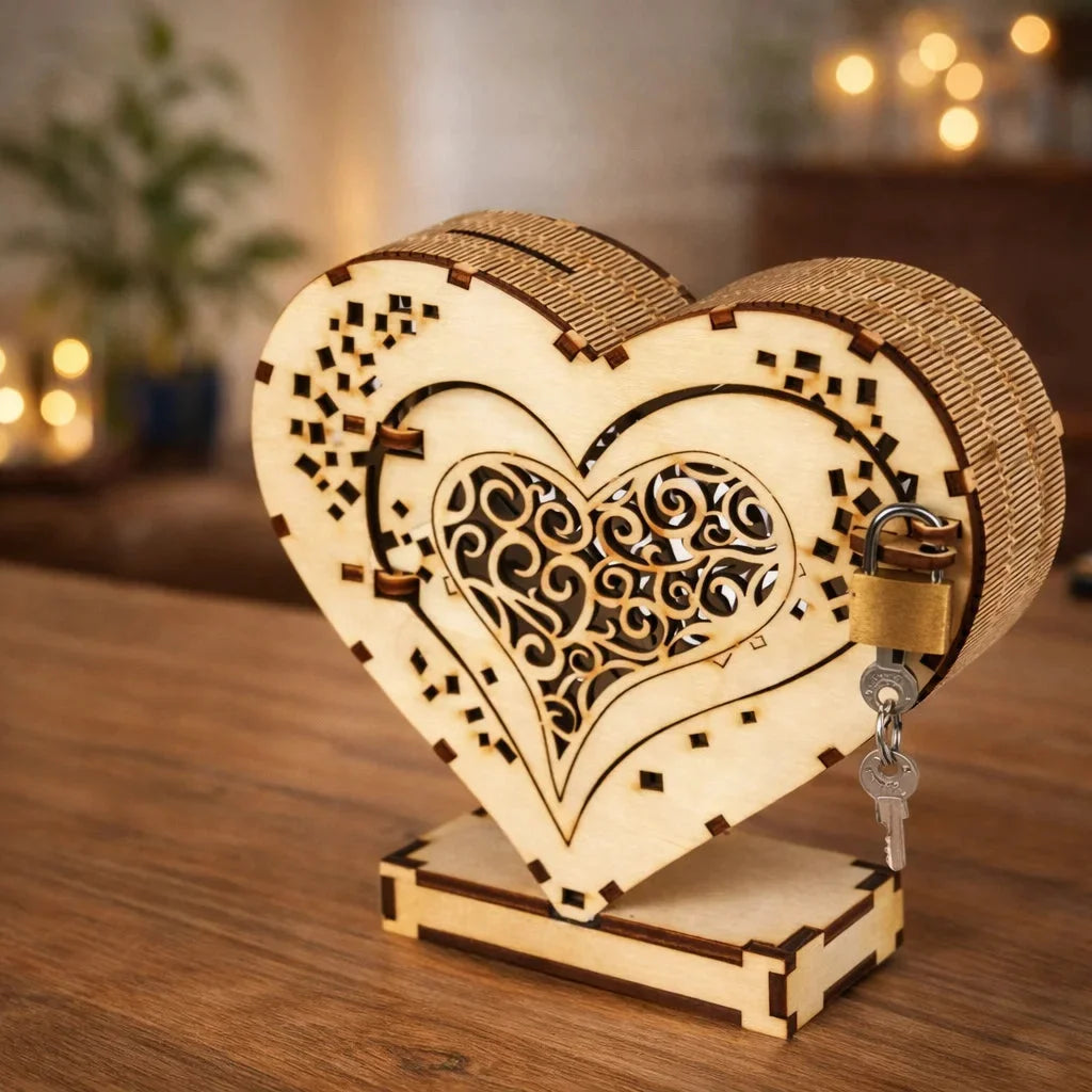 Wooden Heart Piggybank Valentine gift with a Padlock — Couples Wooden Gift | Woodwaley