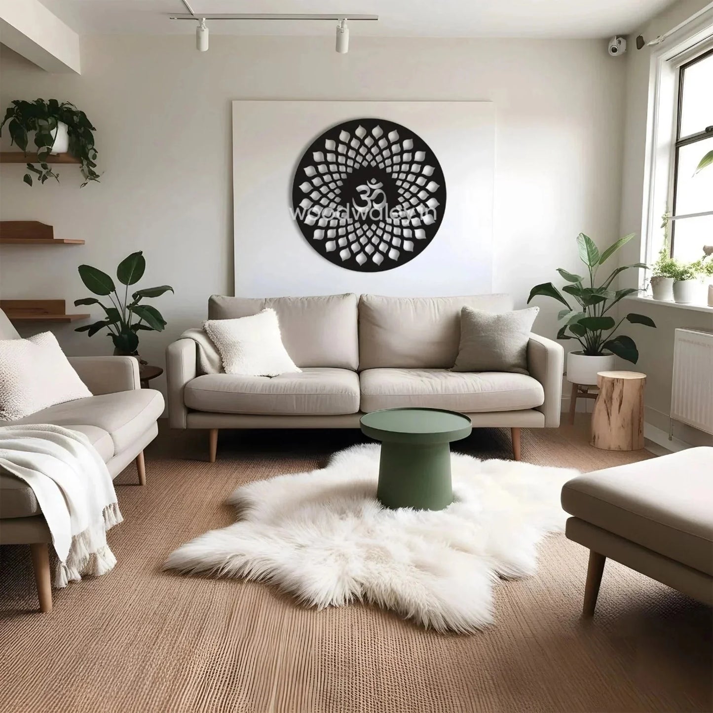 Modern living room with beige sofas, wooden decor, green plants, and a large black mandala wall art.