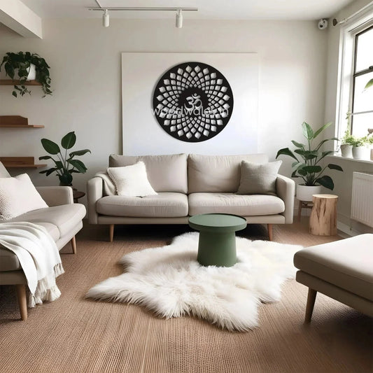 Modern living room with beige sofas, wooden decor, green plants, and a large black mandala wall art.